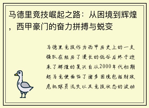 马德里竞技崛起之路：从困境到辉煌，西甲豪门的奋力拼搏与蜕变